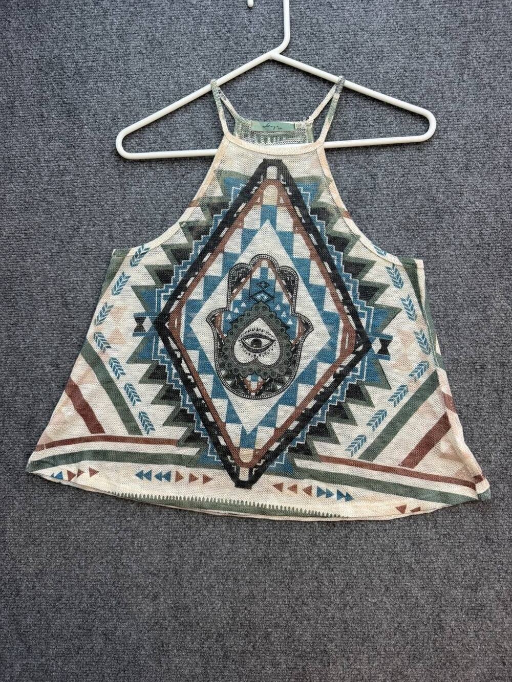 Gaze USA Women's S Hamsa Hand Geometric Mesh Halter Crop Tank Top Boho